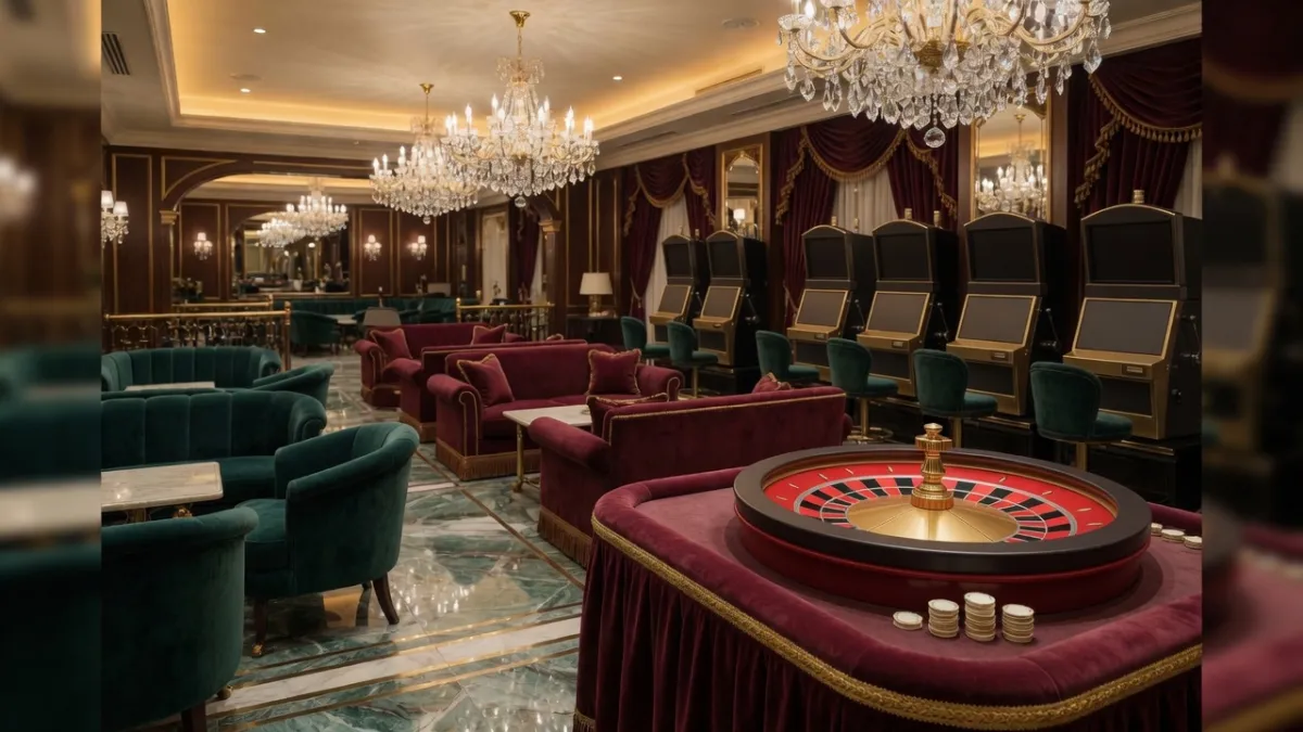 Luxuriöser Casino-Salon mit Roulette, Kronleuchtern und Samtsesseln